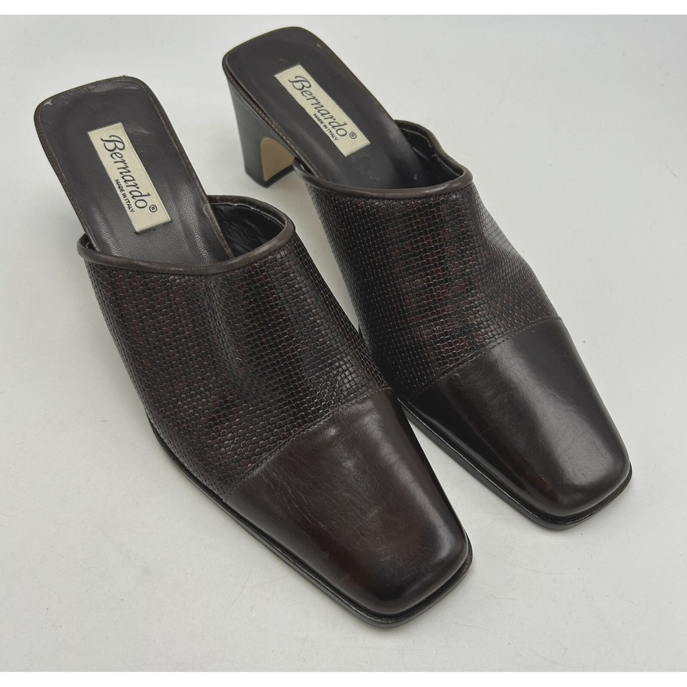 Bernardo Mule Shoes Womans 9.5 M Brown Leather Heel Square Toe Italy Old Money